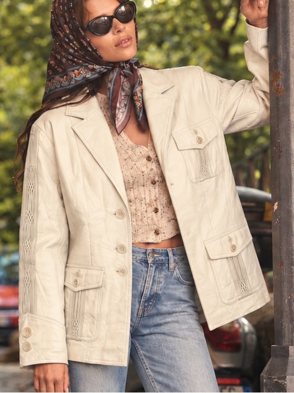 Vintage Pamela McCoy Leather Blazer Cream White Y2K Boho Moto Utility, XS
